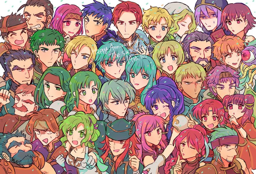 amelia_(fire_emblem), aqua_hair, armor, artur_(fire_emblem), bare_shoulders, blonde_hair, blue_eyes, blue_hair
