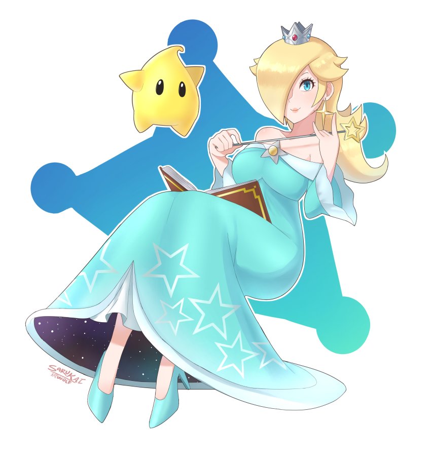 1girl, absurdres, aqua_shoes, bare_shoulders, blonde_hair, blue_eyes, blush, crown