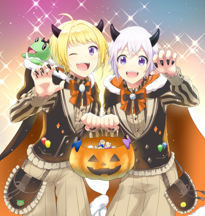 10s, 2boys, ahoge, blonde_hair, blush, crossover, dorifesu!, halloween