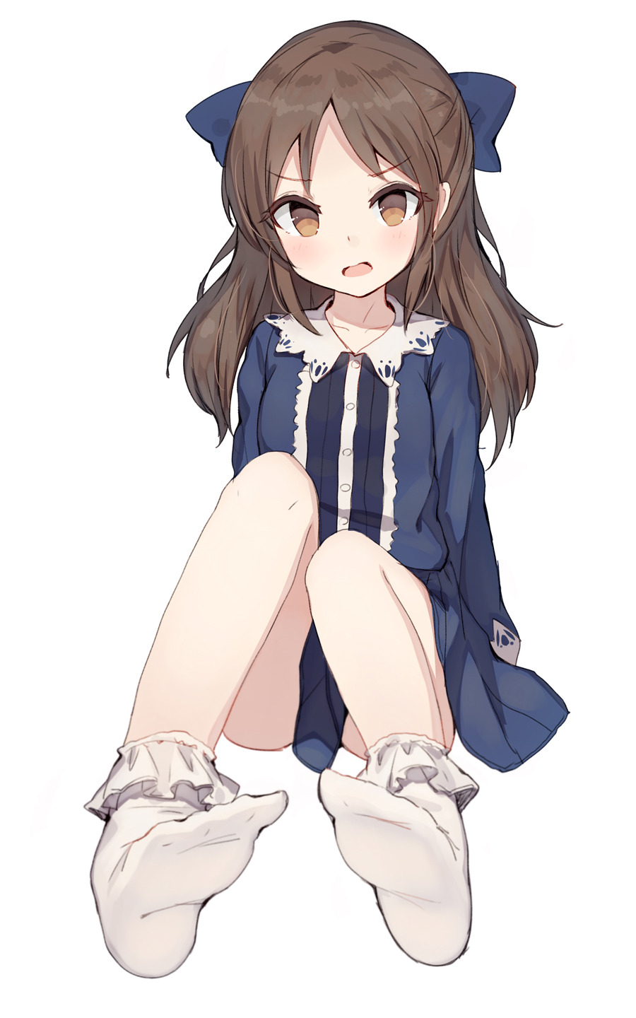 1girl, blue_bow, blue_dress, bow, brown_eyes, brown_hair, dress, eyes_visible_through_hair