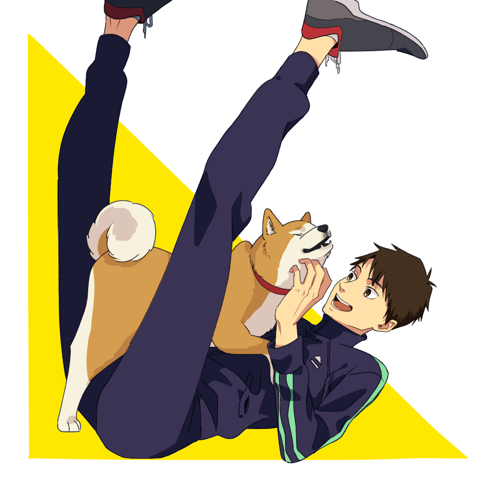 1boy, :d, black_footwear, brown_eyes, brown_hair, collar, dog, haiji_kiyose