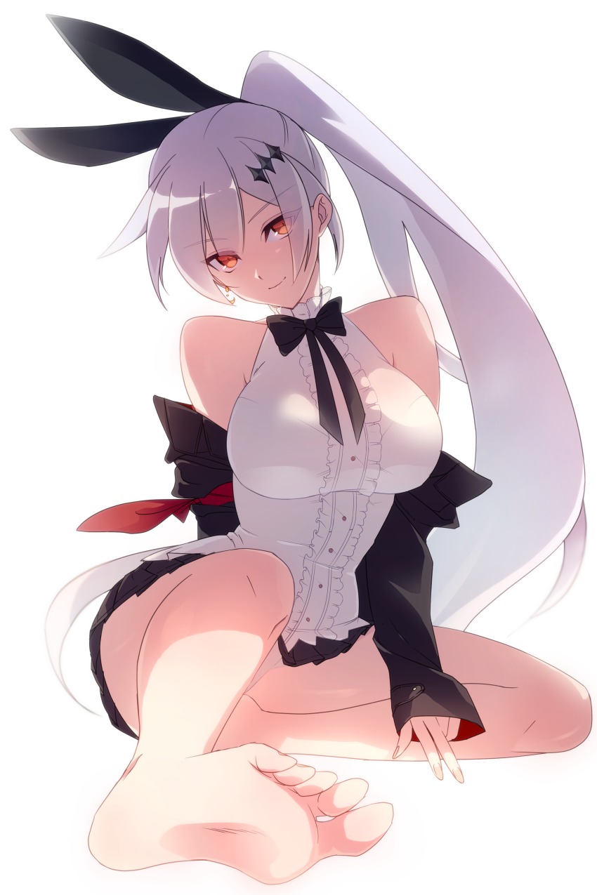 1girl, absurdres, bare_shoulders, barefoot, breasts, dodo_(purofu_hitsudoku), feet, five-seven_(girls'_frontline), girls'_frontline, hair_ornament, hairclip, highres, large_breasts, long_hair, looking_at_viewer, ponytail, pov, red_eyes, smile, soles, toes, white_hair