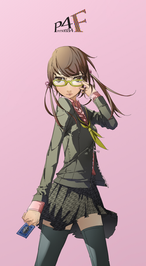 1girl, aged_up, arabahama, atlus, card, doujima_nanako, female_focus, glasses, gradient_background, looking_back, persona, persona_4, school_uniform, solo, tarot, tarot_card, thighhighs, twintails