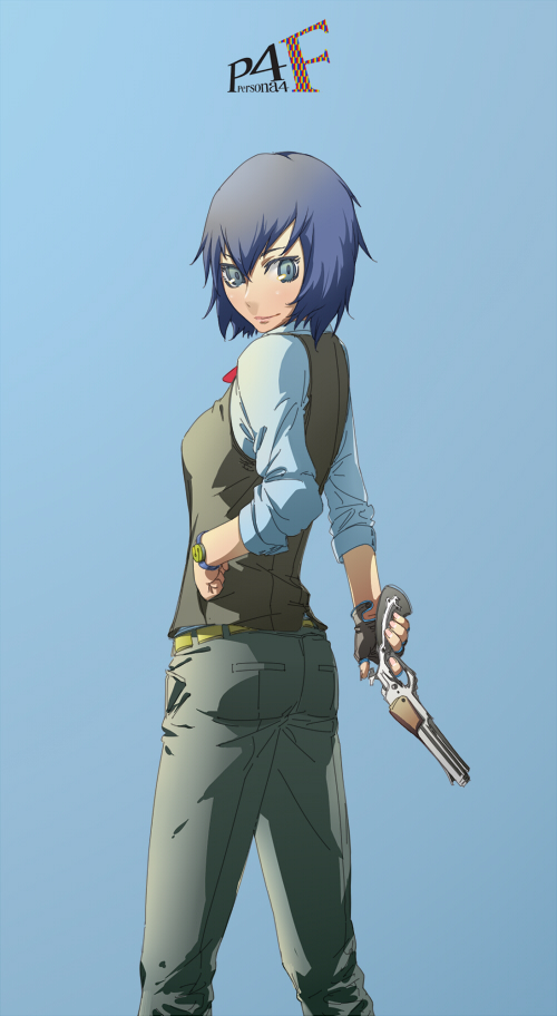 1girl, aged_up, androgynous, arabahama, atlus, blue_eyes, blue_hair, female_focus, fingerless_gloves, gloves, gun, handgun, matching_hair/eyes, pants, persona, persona_4, pistol, reverse_trap, shirogane_naoto, short_hair, simple_background, solo, vest, waistcoat, watch, weapon, wristwatch