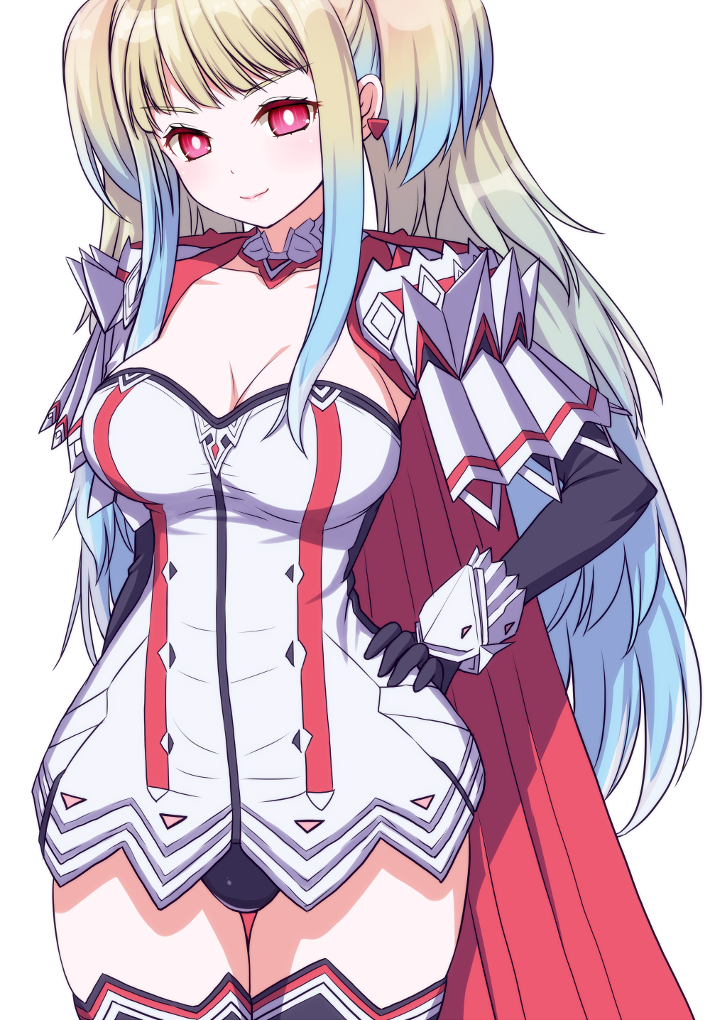 1girl, asamura_hiori, black_gloves, black_panties, black_thighhighs, blue_hair, breasts, brown_hair, cape, character_request, cleavage, closed_mouth, collarbone, commentary_request, cowboy_shot, dress, earrings, elbow_gloves, female_focus, gloves, gradient_hair, hand_on_own_hip, head_tilt, highres, jewelry, large_breasts, long_hair, looking_at_viewer, multicolored_hair, panties, phantasy_star, phantasy_star_online_2, red_cape, red_eyes, sega, sheba_(pso2), shiva_(pso2), sidelocks, smile, solo, spoilers, strapless, strapless_dress, thigh_gap, thighhighs, twintails, underwear, very_long_hair, white_background, white_dress