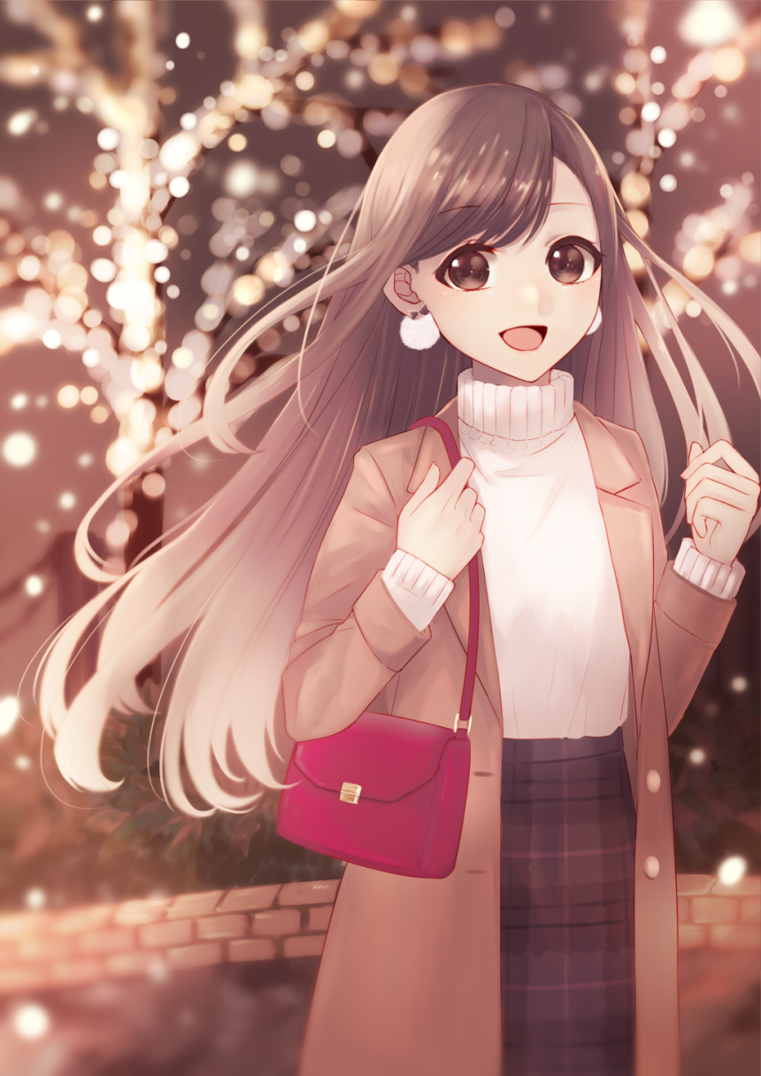 1girl, :o, bag, black_skirt, blurry, blurry_background, brown_eyes, brown_hair