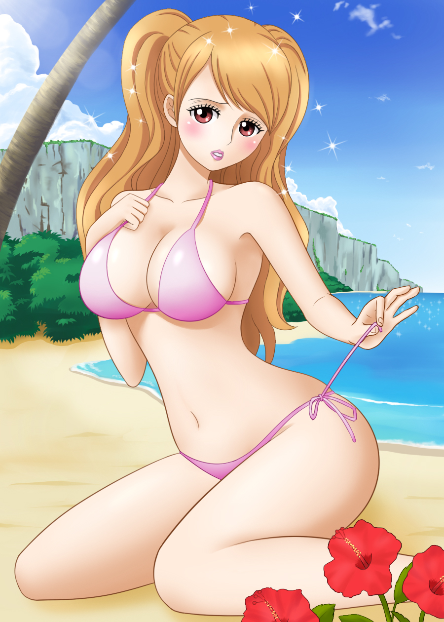 1girl, beach, bikini, blush, breasts, brown_eyes, brown_hair, charlotte_pudding, cleavage, cliff, collarbone, commentary_request, day, eyelashes, female_focus, flower, hair_over_one_eye, head_tilt, highres, himumu_(cyah7528), kneeling, large_breasts, lipstick, long_hair, looking_at_viewer, makeup, navel, ocean, one_piece, palm_tree, pink_bikini, pink_lips, side-tie_bikini_bottom, solo, sparkle, swimsuit, tree, untying