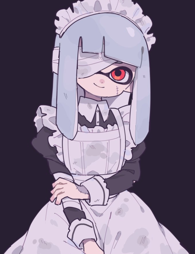 1girl, apron, bad_id, bad_twitter_id, bandage_over_one_eye, bandages, blunt_bangs, commentary_request