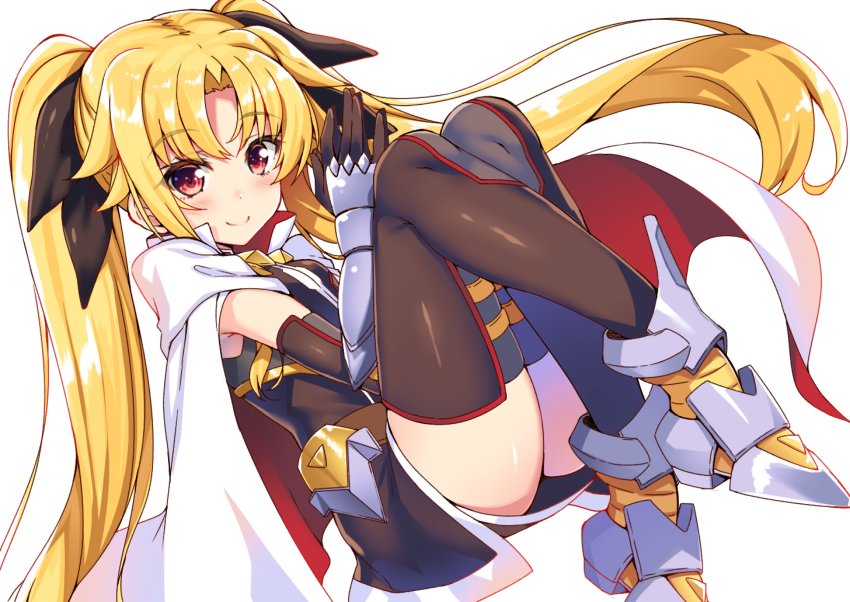 1girl, absurdres, armored_boots, black_bow, black_gloves, black_sleeves, blonde_hair, blush, boots, bow, cape, elbow_gloves, fate_testarossa, fate_testarossa_(blaze_iii), female_focus, floating_hair, gloves, hair_bow, highres, long_hair, looking_at_viewer, lyrical_nanoha, mahou_shoujo_lyrical_nanoha, mahou_shoujo_lyrical_nanoha_a's, own_hands_together, raiou, red_eyes, short_sleeves, simple_background, sitting, smile, solo, very_long_hair, white_background, white_cape