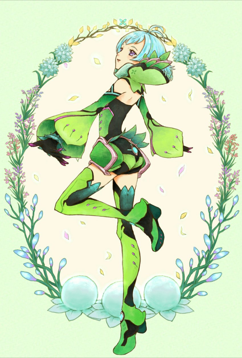 1boy, blue_eyes, blue_hair, bodysuit, cosame22, floren_(xenoblade), flower, full_body