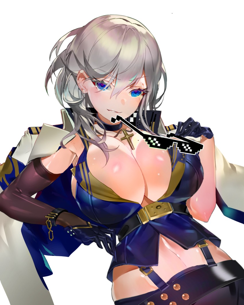 1girl, azur_lane, black_gloves, blue_eyes, blush, breasts, choker, cross