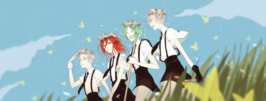 4others, alternate_costume, androgynous, antarcticite, blue_sky, bug, butterfly, cairngorm_(houseki_no_kuni)