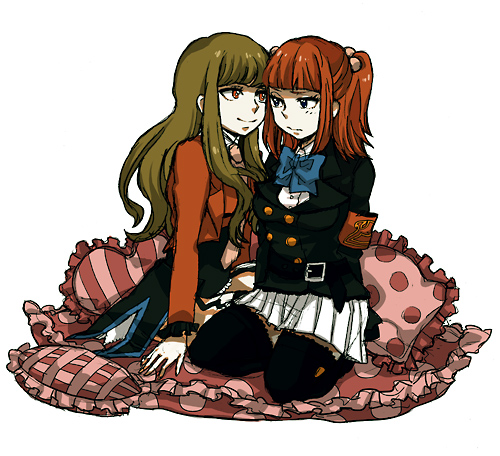 00s, 2girls, armband, black_eyes, bow, brown_hair, couple, hair_bobbles