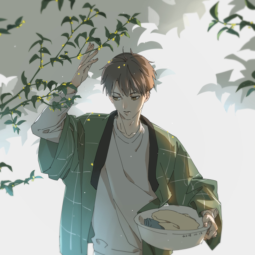 1boy, absurdres, bajiaoxh, brown_eyes, brown_hair, dated, haiji_kiyose, hand_up, highres, kaze_ga_tsuyoku_fuiteiru, male_focus, shirt, sketch, solo, standing, upper_body, white_shirt, wide_sleeves