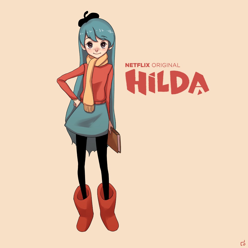 1girl, beret, blue_hair, book, boots, female_focus, grey_eyes, hat, hilda_(hilda), hilda_(series), long_hair, miniskirt, netflix, pantyhose, pengpeng_dohyung, red_boots, scarf, skirt, solo, standing, sweater