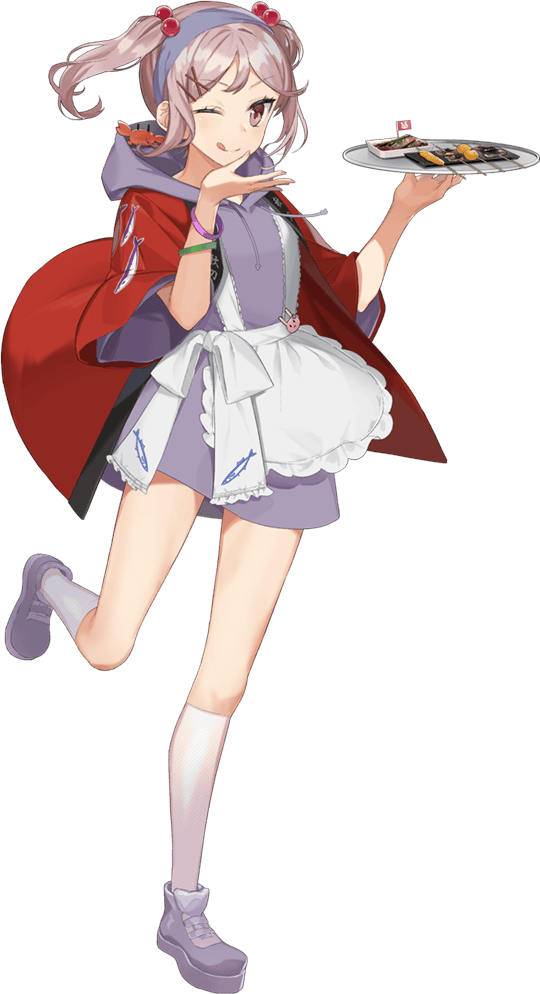1girl, :3, alternate_costume, apron, armband, bad_id, bad_twitter_id, crab, drew_(drew213g), female_focus, food, full_body, hair_ornament, hand_on_own_chin, happi, hood, hoodie, japanese_clothes, kantai_collection, kneehighs, leg_up, looking_at_viewer, official_art, one_eye_closed, pink_eyes, pink_hair, sazanami_(autumn)_(kancolle), sazanami_(kancolle), short_hair, socks, solo, tongue, tongue_out, transparent_background, tray, twintails, white_socks