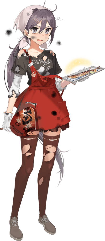 1girl, akebono_(autumn)_(kancolle), akebono_(kancolle), alternate_hairstyle, apron, bandana, black_shirt, black_skirt, blush, button_eyes, buttons, closed_mouth, collarbone, drew_(drew213g), female_focus, fish, food, full_body, gloves, grey_headscarf, hair_between_eyes, hair_ornament, hairclip, hand_fan, headscarf, kantai_collection, layered_sleeves, long_hair, long_sleeves, low_ponytail, name_tag, official_art, ponytail, purple_eyes, purple_hair, red_apron, saury, shirt, side_ponytail, skirt, sleeves_rolled_up, smoke, solo, sweat, torn_clothes, torn_legwear, transparent_background, upper_body, very_long_hair, white_gloves