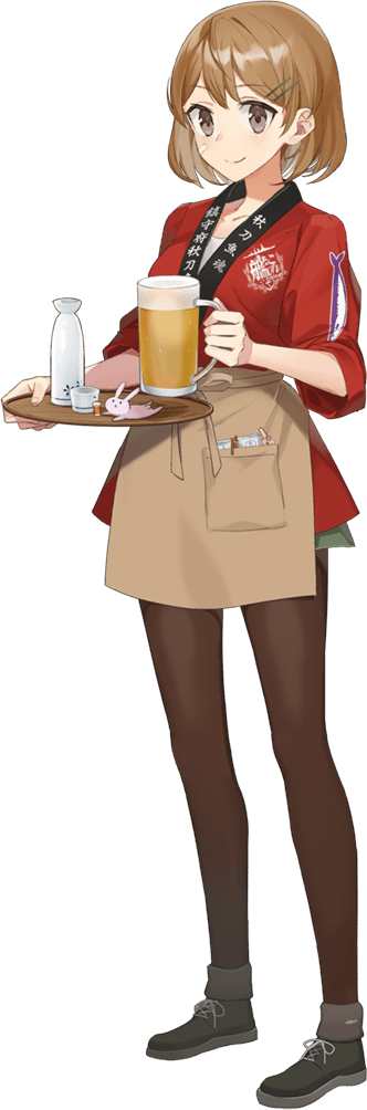 1girl, alternate_costume, bandaid, bandaid_on_face, brown_eyes, brown_pantyhose, clothes_writing, cup, drew_(drew213g), female_focus, full_body, kantai_collection, light_brown_hair, mug, oboro_(autumn)_(kancolle), oboro_(kancolle), official_art, pantyhose, short_hair, solo, transparent_background, white_background