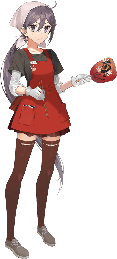 1girl, akebono_(autumn)_(kancolle), akebono_(kancolle), alternate_hairstyle, apron, bandana, black_shirt, black_skirt, blush, button_eyes, buttons, closed_mouth, collarbone, drew_(drew213g), female_focus, full_body, gloves, grey_headscarf, hair_between_eyes, hair_ornament, hairclip, hand_fan, headscarf, kantai_collection, layered_sleeves, long_hair, long_sleeves, low_ponytail, name_tag, official_art, ponytail, purple_eyes, purple_hair, red_apron, shirt, side_ponytail, skirt, sleeves_rolled_up, smile, solo, sweat, transparent_background, upper_body, very_long_hair, white_gloves