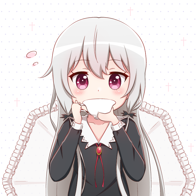 10s, 1girl, black_dress, blush, collarbone, commentary_request, covered_mouth, cup