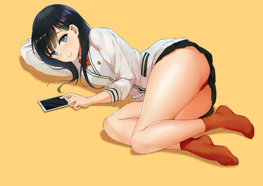 10s, 1girl, absurdres, ass, b3b, black_hair, blue_eyes, blush