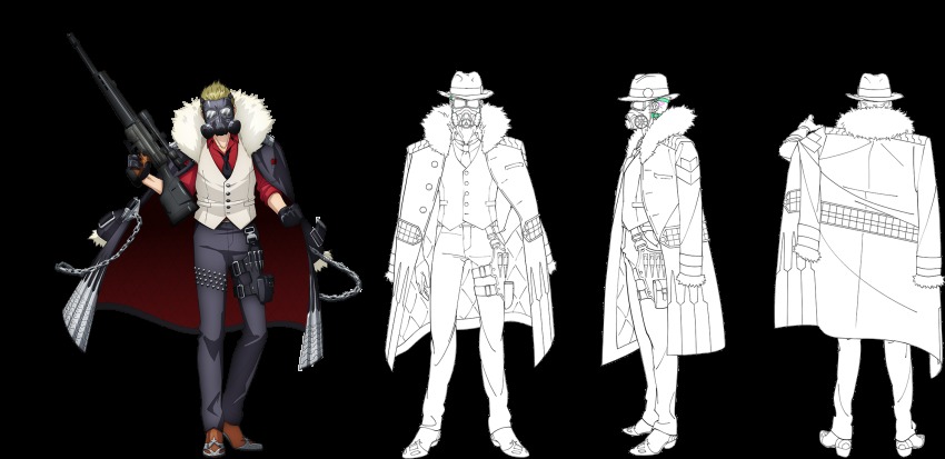 black_gloves, blonde_hair, bullet, cartridge, chain, reference_sheet, coat, dress_shirt