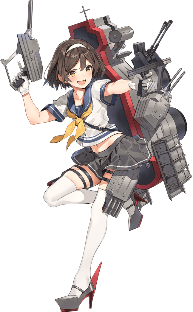 1girl, :d, backpack, bag, blue_sailor_collar, brown_eyes, brown_hair, depth_charge, depth_charge_projector, duplicate, female_focus, full_body, gloves, grey_skirt, gun, hairband, high_heels, kantai_collection, midriff, navel, neckerchief, official_art, open_mouth, parsley-f, pleated_skirt, rigging, sailor_collar, scarf, school_uniform, serafuku, ship_turret, short_hair, short_sleeves, skirt, smile, solo, strap, tanikaze_(kancolle), thigh_strap, thighhighs, toned, torpedo, torpedo_launcher, transparent_background, v-shaped_eyebrows, weapon, white_gloves, white_hairband, white_thighhighs, yellow_eyes, yellow_neckerchief