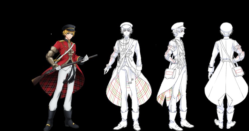 aiguillette, antique_firearm, aqua_eyes, black_footwear, blonde_hair, boots, brown_bess_(senjuushi), coattails