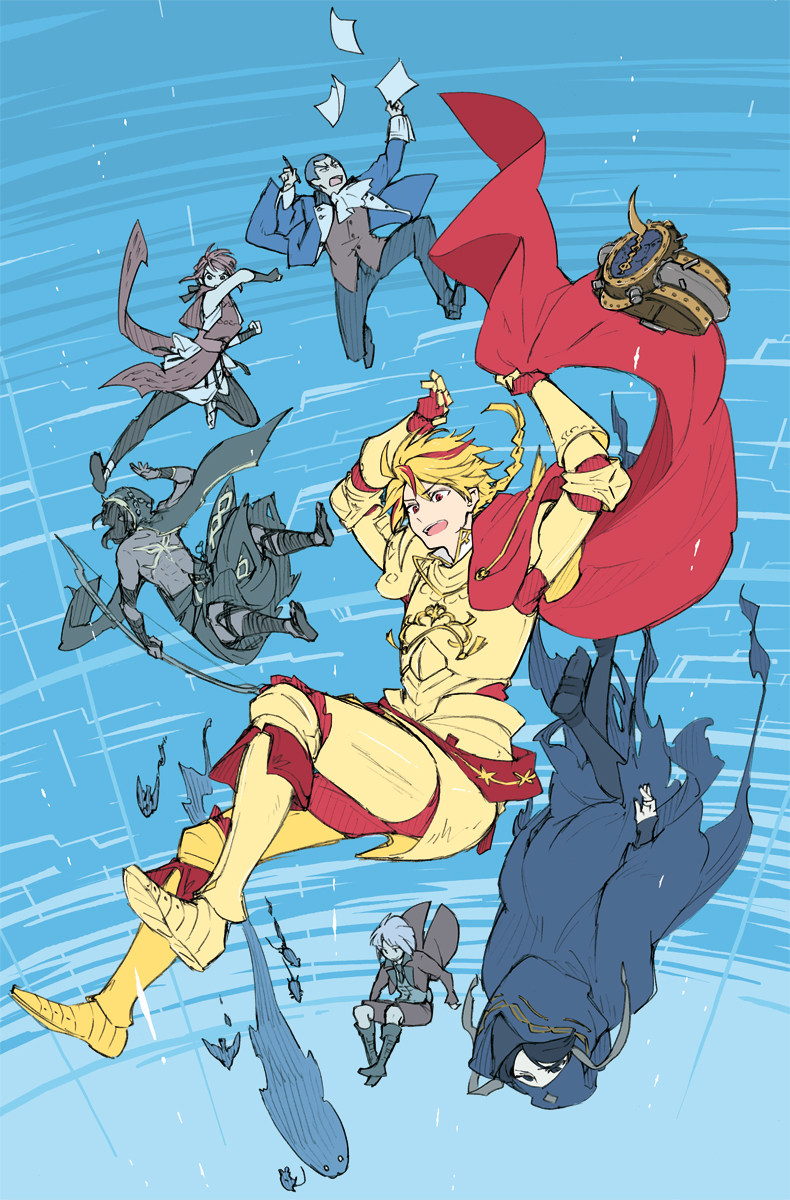 alcides_(fate), alexandre_dumas_(fate), armor, blonde_hair, bob_cut, braid, falling, fate/strange_fake