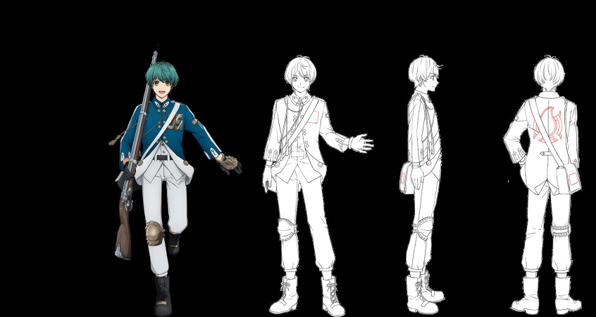 aiguillette, antenna_hair, antique_firearm, aqua_hair, armor, black_gloves, boots, capri_pants