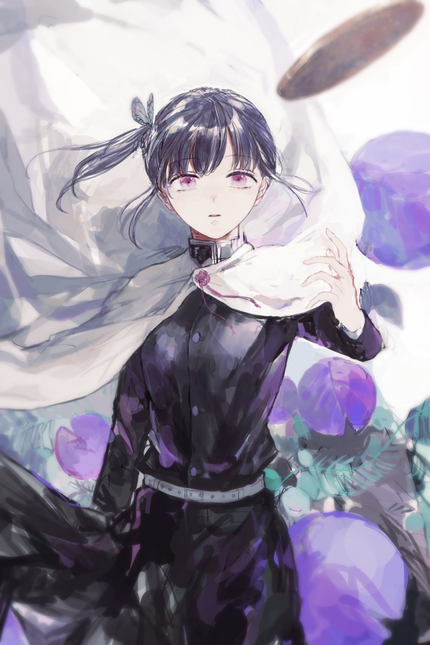 1girl, bad_id, bad_pixiv_id, black_hair, black_jacket, black_skirt, butterfly_hair_ornament, female_focus