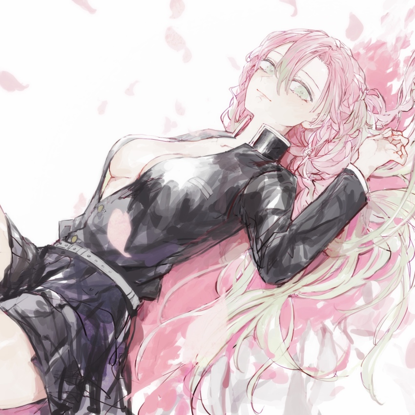 1girl, bad_id, bad_pixiv_id, black_jacket, black_skirt, breasts, cleavage, female_focus, hair_between_eyes, highres, jacket, kanroji_mitsuri, kimetsu_no_yaiba, long_hair, looking_at_viewer, lying, medium_breasts, miniskirt, mole, mole_under_eye, on_back, open_clothes, open_jacket, pink_hair, pleated_skirt, ray_sr, skirt, smile, solo, very_long_hair