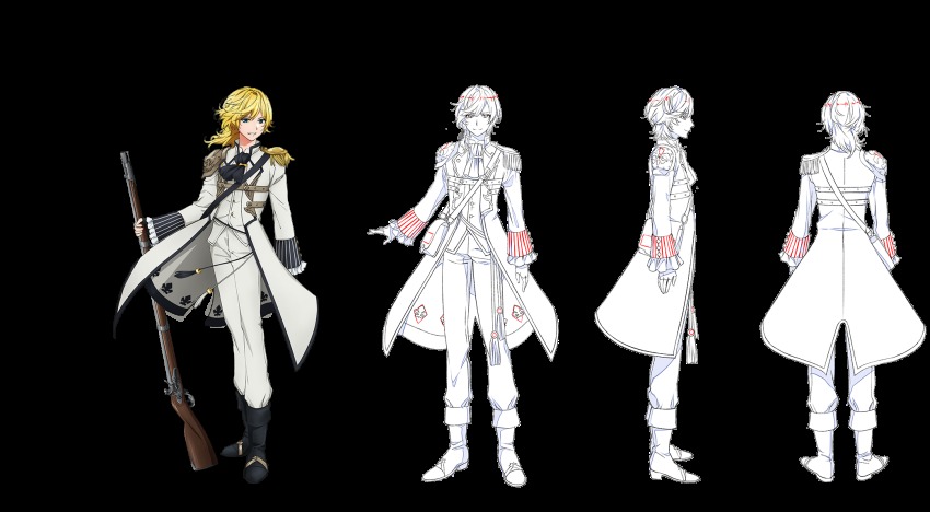 antique_firearm, ascot, bishounen, black_gloves, black_legwear, blonde_hair, blue_eyes, boots, charleville_(senjuushi), coat, coattails, epaulettes, fingerless_gloves, firearm, firelock, fleur-de-lis, flintlock, from_behind, full_body, gloves, gun, highres, holding, holding_gun, holding_weapon, majiro_(mazurka), male_focus, military, military_uniform, multiple_views, musket, official_art, pants, reference_sheet, senjuushi:_the_thousand_noble_musketeers, senjuushi_(series), shoulder_pads, smile, standing, tailcoat, translation_request, transparent_background, turnaround, weapon, white_pants