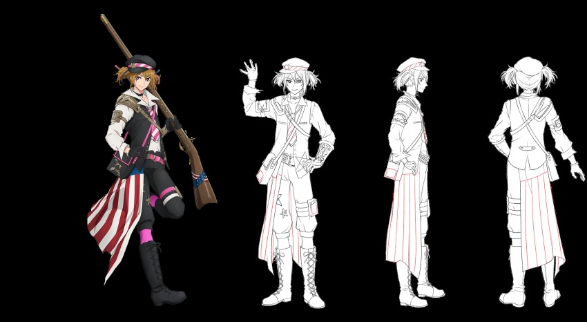 american_flag, antique_firearm, arm_up, armor, asymmetrical_clothes, belt, black_gloves, blonde_hair