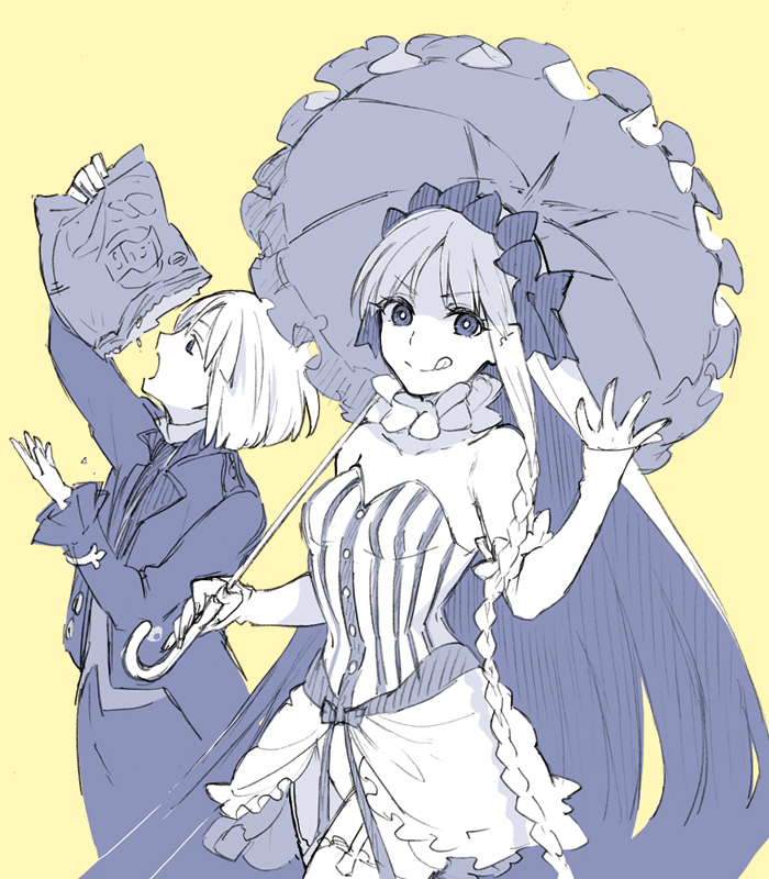 1boy, 1girl, :p, bob_cut, bow, braid, bright_pupils, chips_(food)