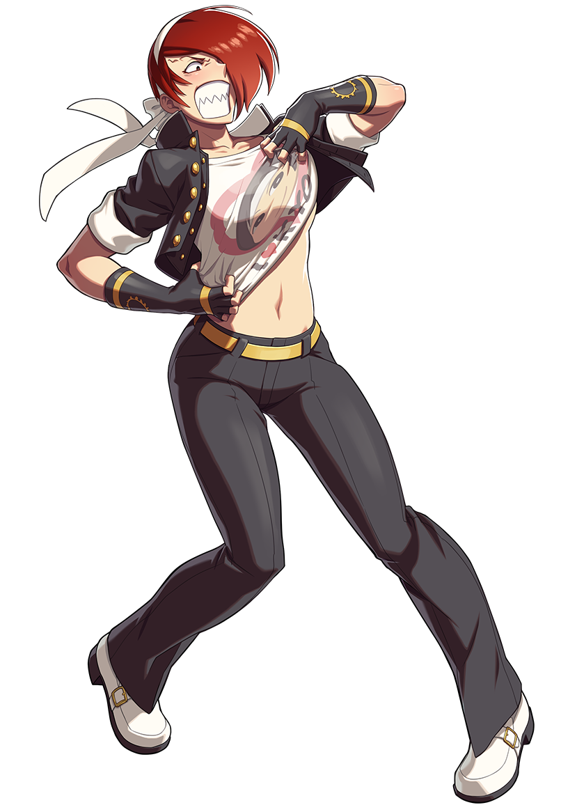 1girl, angry, black_gloves, black_pants, blush, character_print, clenched_teeth, cosplay, cosplayer_kyouko, cropped_jacket, female_focus, fingerless_gloves, full_body, genderswap, genderswap_(mtf), gloves, hair_over_one_eye, headband, jacket, kusanagi_kyou, kusanagi_kyou_(cosplay), looking_down, miss_x, navel, official_art, ogura_eisuke, open_clothes, open_jacket, pants, red_hair, sharp_teeth, short_hair, snk_gals_fighters, snk_heroines:_tag_team_frenzy, solo, teeth, the_king_of_fighters, transparent_background, white_footwear, yagami_iori