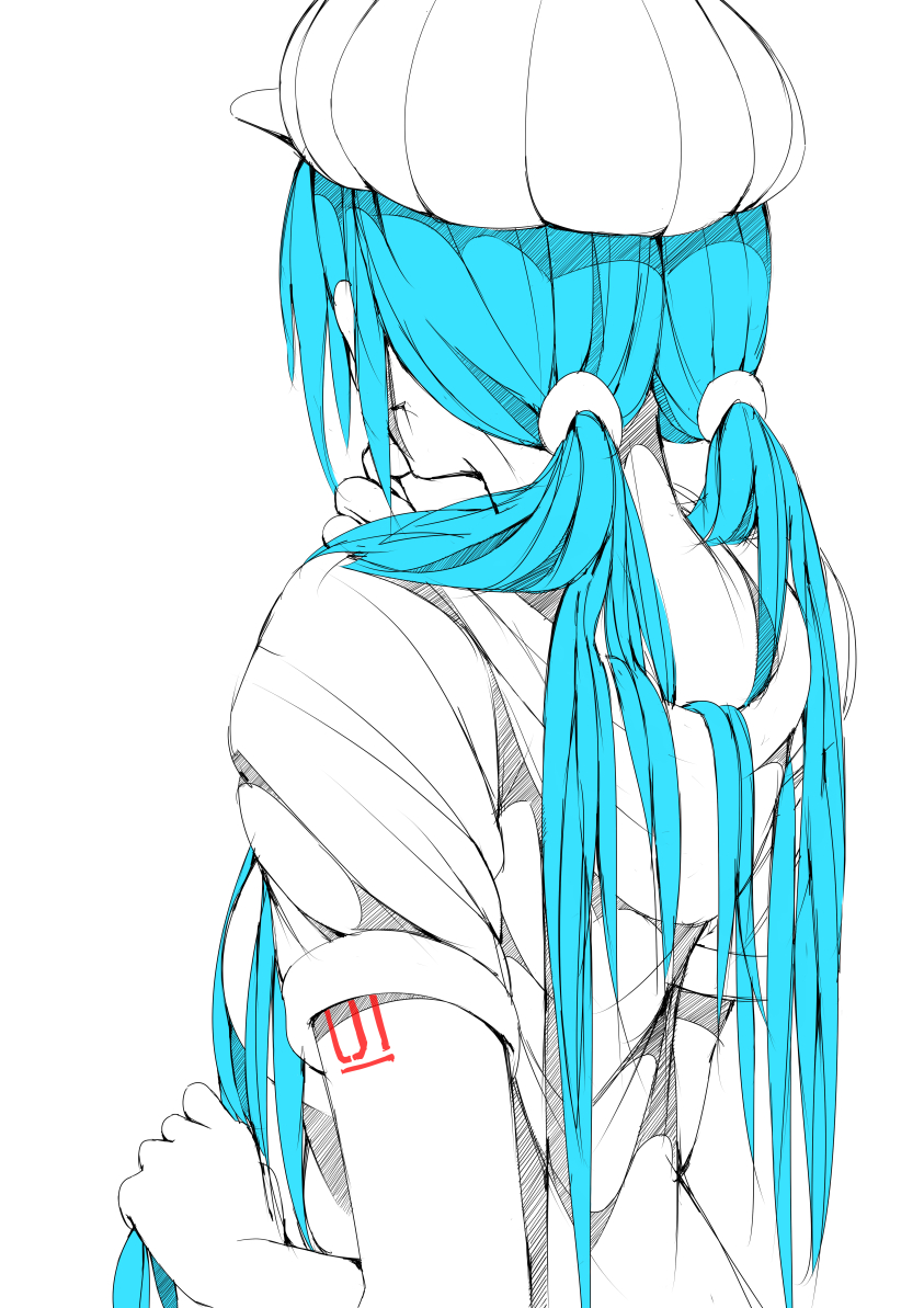 1girl, aqua_hair, back, female_focus, from_behind, hair_ornament, hair_scrunchie, hand_on_own_chin, hat, hatsune_miku, holding, holding_own_hair, hood, hood_basket, hoodie, hsumiaochan, long_hair, nape, ribbed_hat, scrunchie, short-sleeved_sweater, short_sleeves, solo, stroking_own_chin, sweater, tattoo, twintails, vocaloid, white_background
