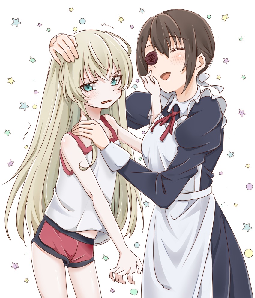 10s, 2girls, age_difference, apron, azuki_(ckxs7444), blonde_hair, blue_eyes, brown_hair