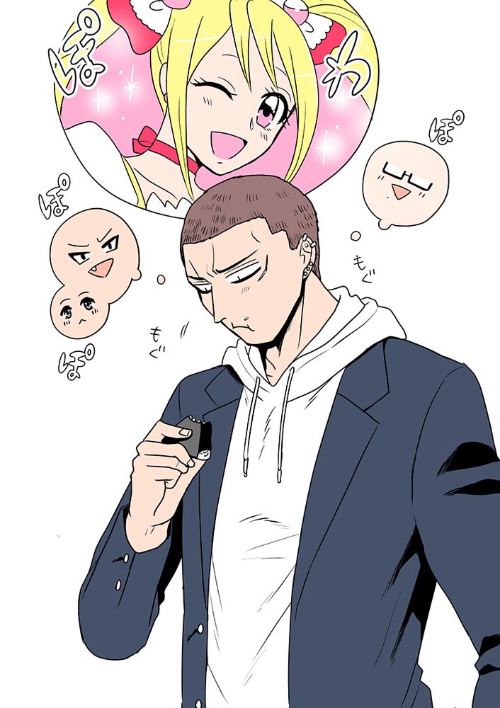 1boy, bad_id, bad_twitter_id, blazer, blonde_hair, brown_hair, commentary_request, crew_cut