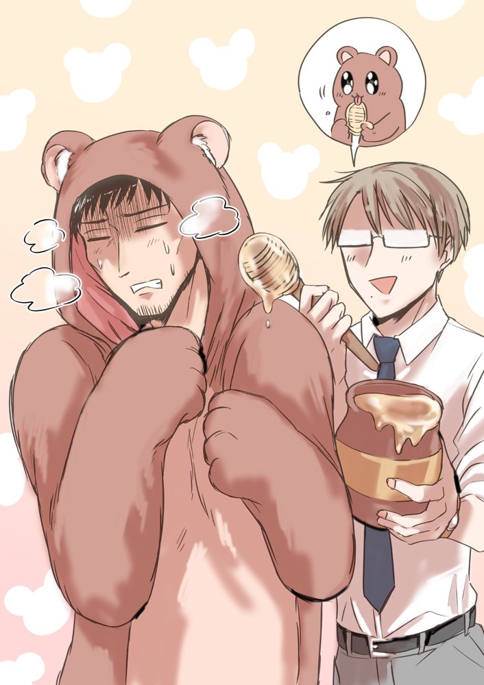 2boys, animal_costume, bear_costume, clenched_teeth, closed_eyes, cosplay, glasses, gradient_background