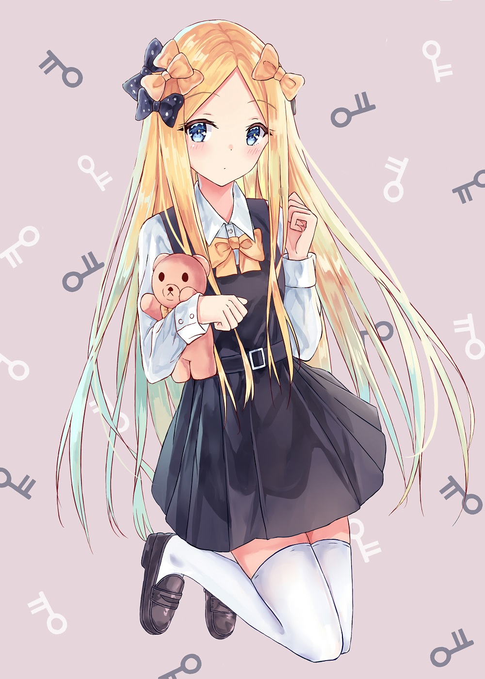 1girl, abigail_williams_(fate), akaya_(pixiv20545353), black_bow, black_dress, blonde_hair, blue_hair, blush