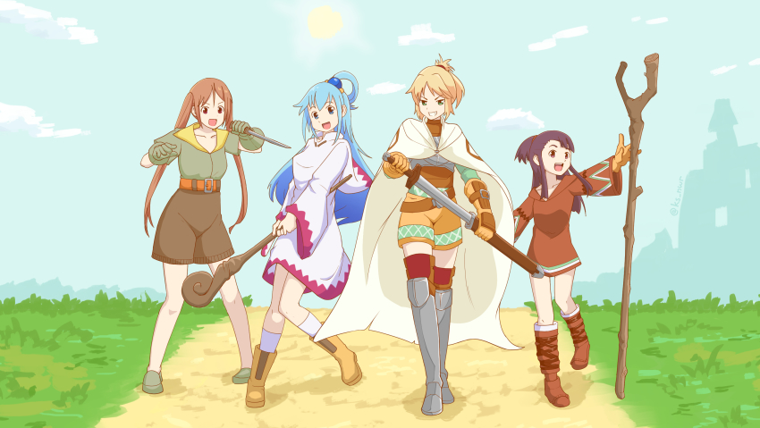 4girls, aho_girl, alternate_costume, aqua_(konosuba), armor, blonde_hair, blouse, blue_hair, breastplate, cosplay, crossover, dagger, day, fantasy, fate/apocrypha, fate/grand_order, fate_(series), final_fantasy, final_fantasy_tactics, full_body, geomancer_(fft), gloves, green_shirt, grin, hair_ornament, hair_rings, hanabatake_yoshiko, highres, holding, holding_sword, holding_weapon, kagari_atsuko, kneehighs, knife, knight_(fft), kono_subarashii_sekai_ni_shukufuku_wo!, little_witch_academia, long_hair, looking_at_viewer, md5_mismatch, mordred_(fate), mordred_(fate/apocrypha), multiple_girls, nwr, outdoors, path, ponytail, resolution_mismatch, road, sheath, sheathed, shirt, short_ponytail, shorts, smile, socks, sphere_hair_ornament, staff, standing, sun, sword, tagme, thief_(fft), trait_connection, twitter_username, unsheathing, weapon, white_legwear, white_mage, white_mage_(fft), white_mage_(final_fantasy), white_mage_(final_fantasy)_(cosplay)