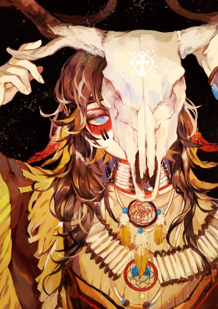 1girl, animal_skull, anters, antlers, black_background, blue_eyes, brown_hair, cross, dreamcatcher, facepaint, feathers, female_focus, headband, holding, holding_skull, horns, jewelry, latin_cross, light_particles, mii_(chibinomi), native_american, necklace, original, simple_background, skull, solo