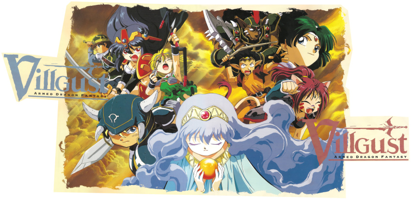 1990s_(style), 4boys, 5girls, aiming, animal_ears, armor, arrow_(projectile), axe