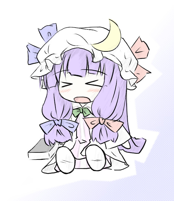 >_<, 1girl, bad_id, bad_pixiv_id, braid, chibi, crescent, crescent_hat_ornament, closed_eyes, female_focus, hat, hat_ornament, long_hair, natsuki_(silent_selena), patchouli_knowledge, purple_eyes, purple_hair, solo, touhou