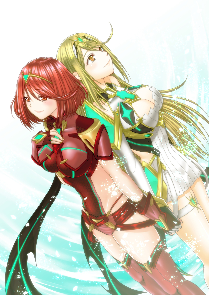 2girls, an'no_natsume, armor, blonde_hair, breasts, cleavage, cleavage_cutout, clothing_cutout