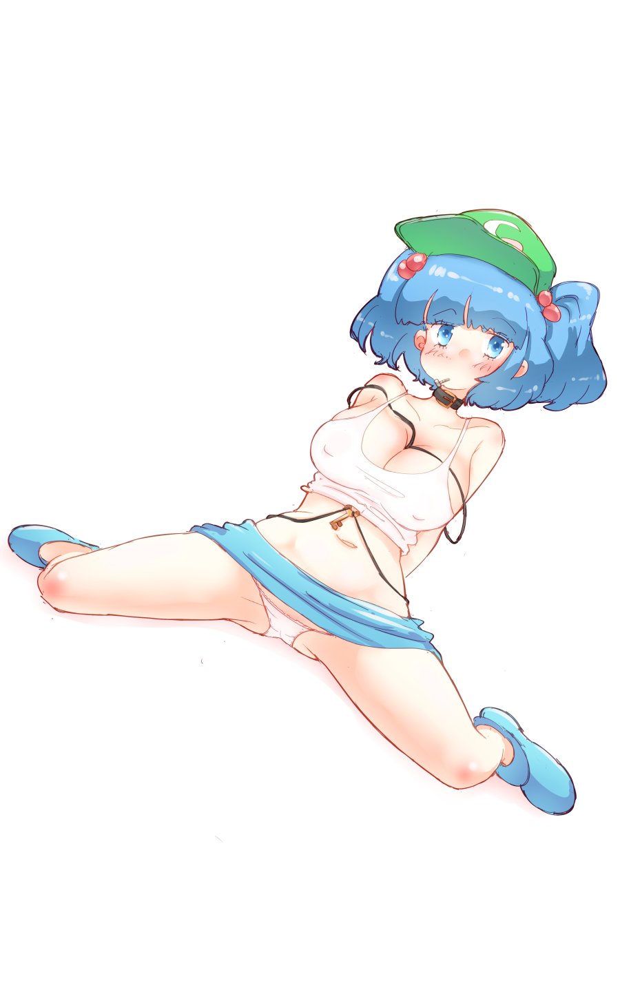 1girl, ass, bare_legs, bare_shoulders, belt, belt_around_neck, between_breasts, blouse, blue_eyes, blue_footwear, blue_hair, blue_skirt, blunt_bangs, blush, breasts, cleavage, clothes_lift, commentary_request, covered_erect_nipples, female_focus, full_body, green_hat, hair_bobbles, hair_ornament, hat, highres, kawashiro_nitori, key, large_breasts, looking_at_viewer, miniskirt, mouth_hold, navel, non_(z-art), o-ring, panties, shirt, simple_background, sitting, skirt, skirt_lift, solo, spread_legs, tank_top, thighs, touhou, two_side_up, underwear, upskirt, white_background, white_panties, white_shirt