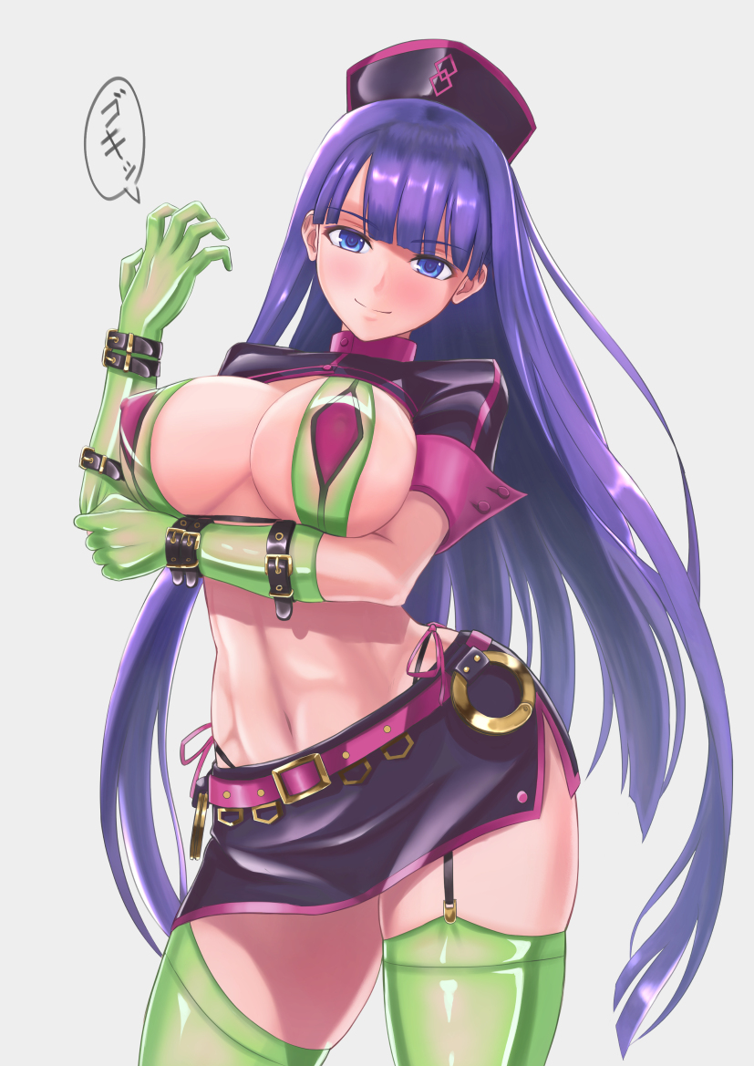 1girl, adjusting_clothes, adjusting_gloves, belt, bikini, black_hat, blue_eyes, blunt_bangs