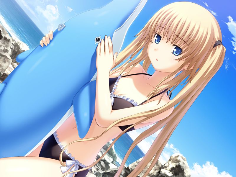 1girl, ayase_natsuki, beach, bikini, black_bikini, blonde_hair, blue_eyes, day