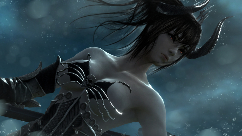 1girl, 3d, armpits, black_hair, breasts, cleavage, demon_girl, demon_horns